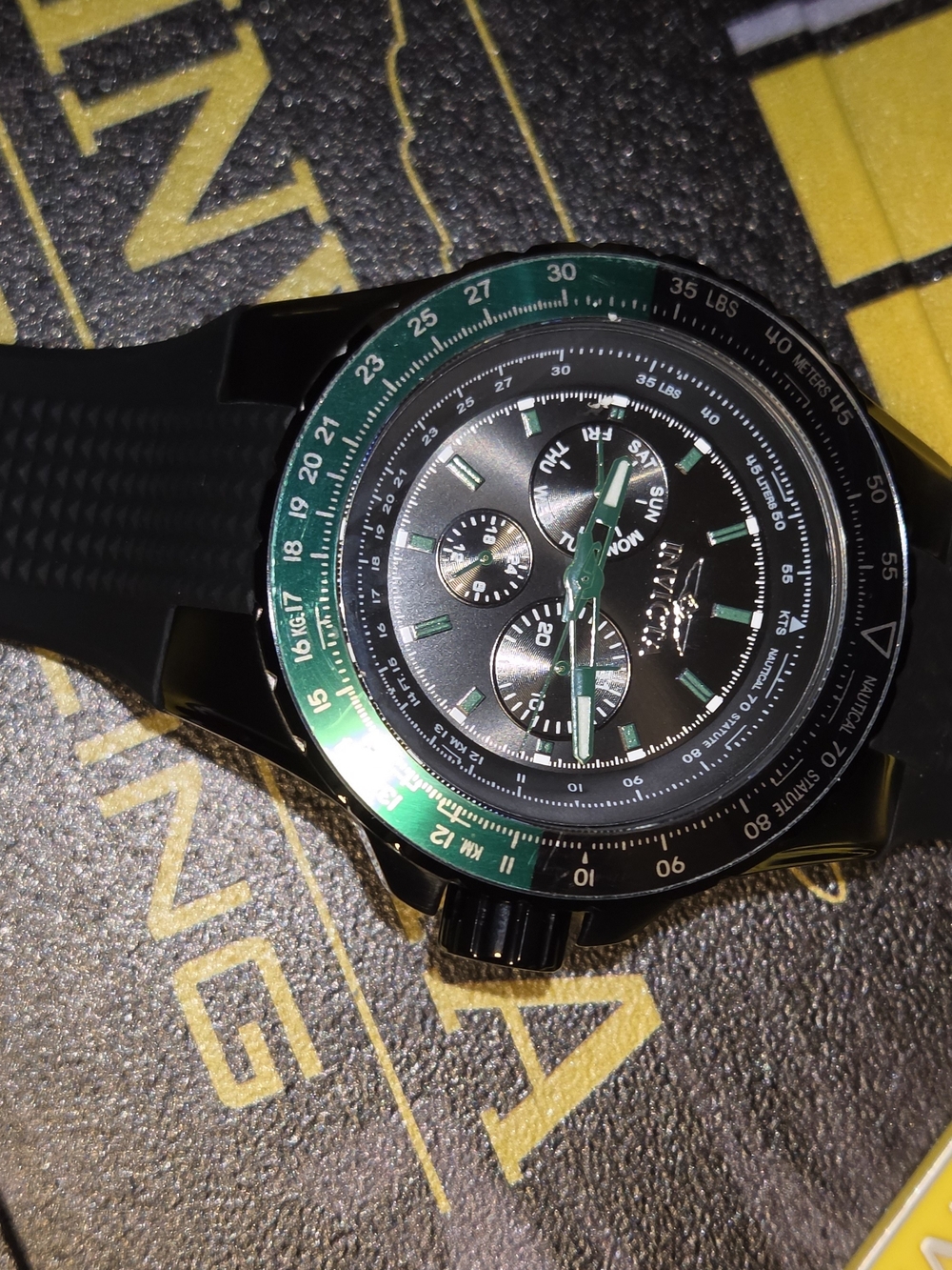 Invicta Skyshock Black Watch with Green Bezel and Accents